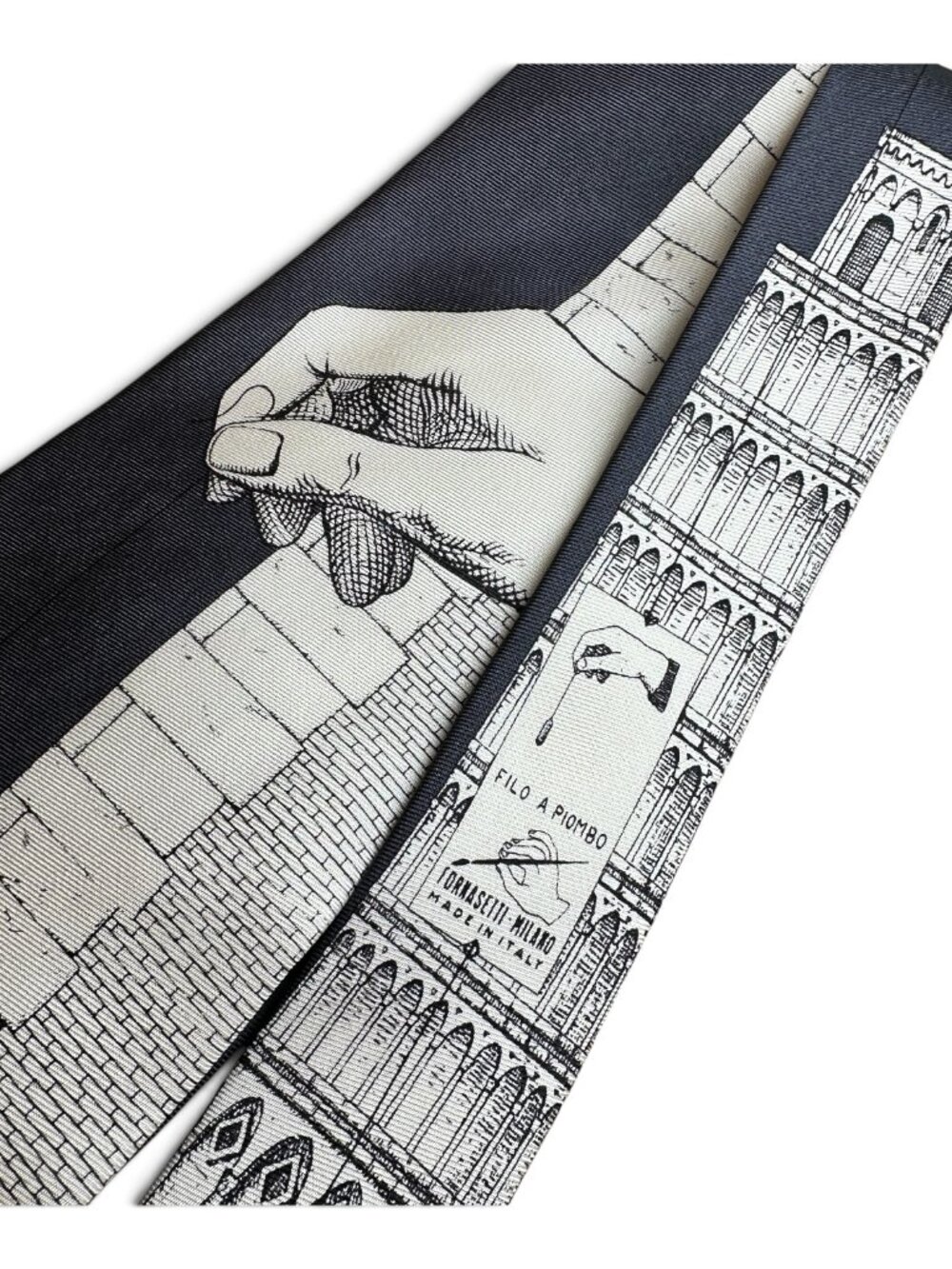 Vintage Fornasetti Silk Neck Tie Milano Made In Italy Leaning Tower of Pisa Gray